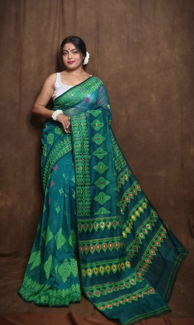 Exclusive Dark Aqua Dhakai Jamdani Saree