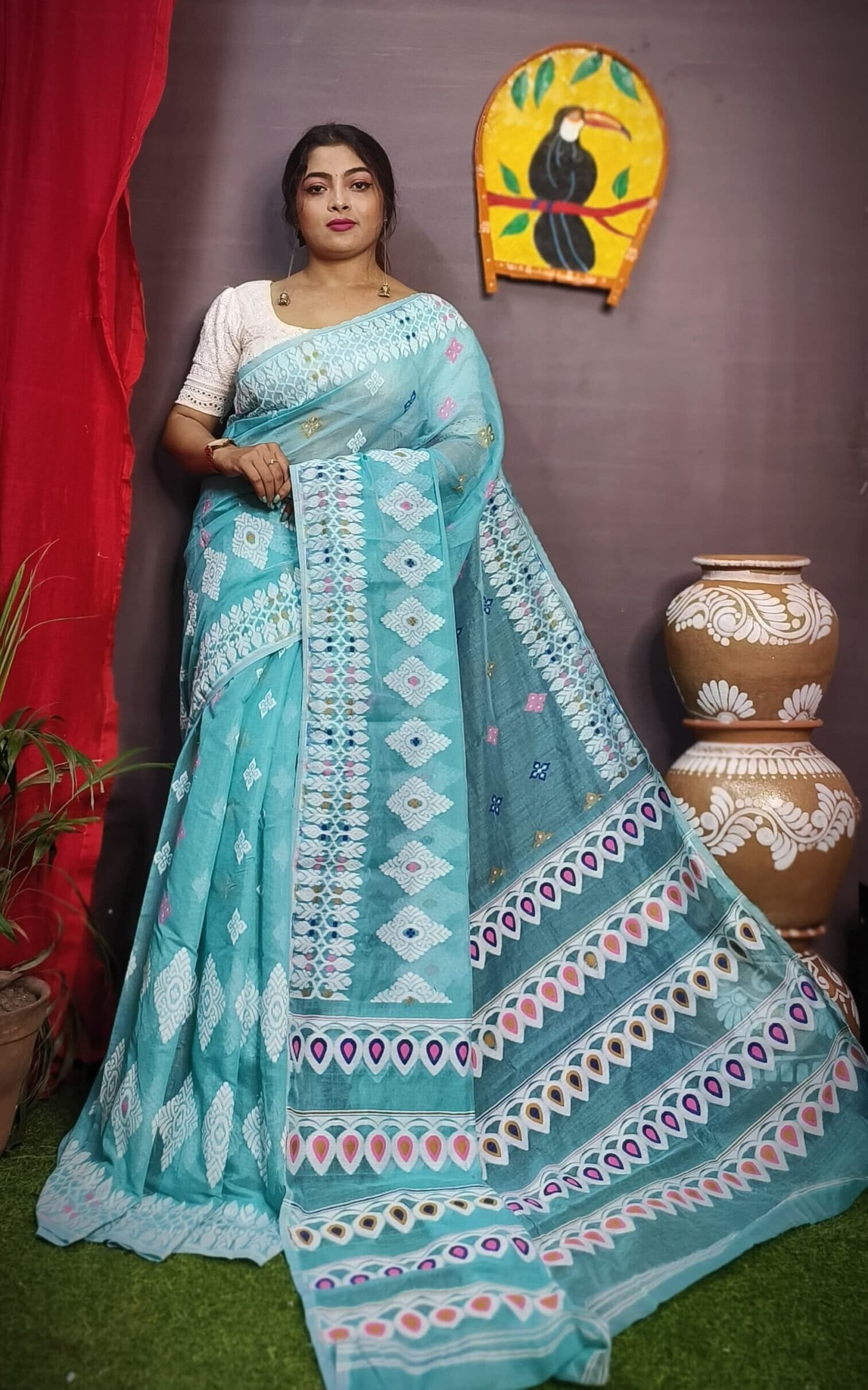 Exclusive Hippie Blue Dhakai Jamdani Sari
