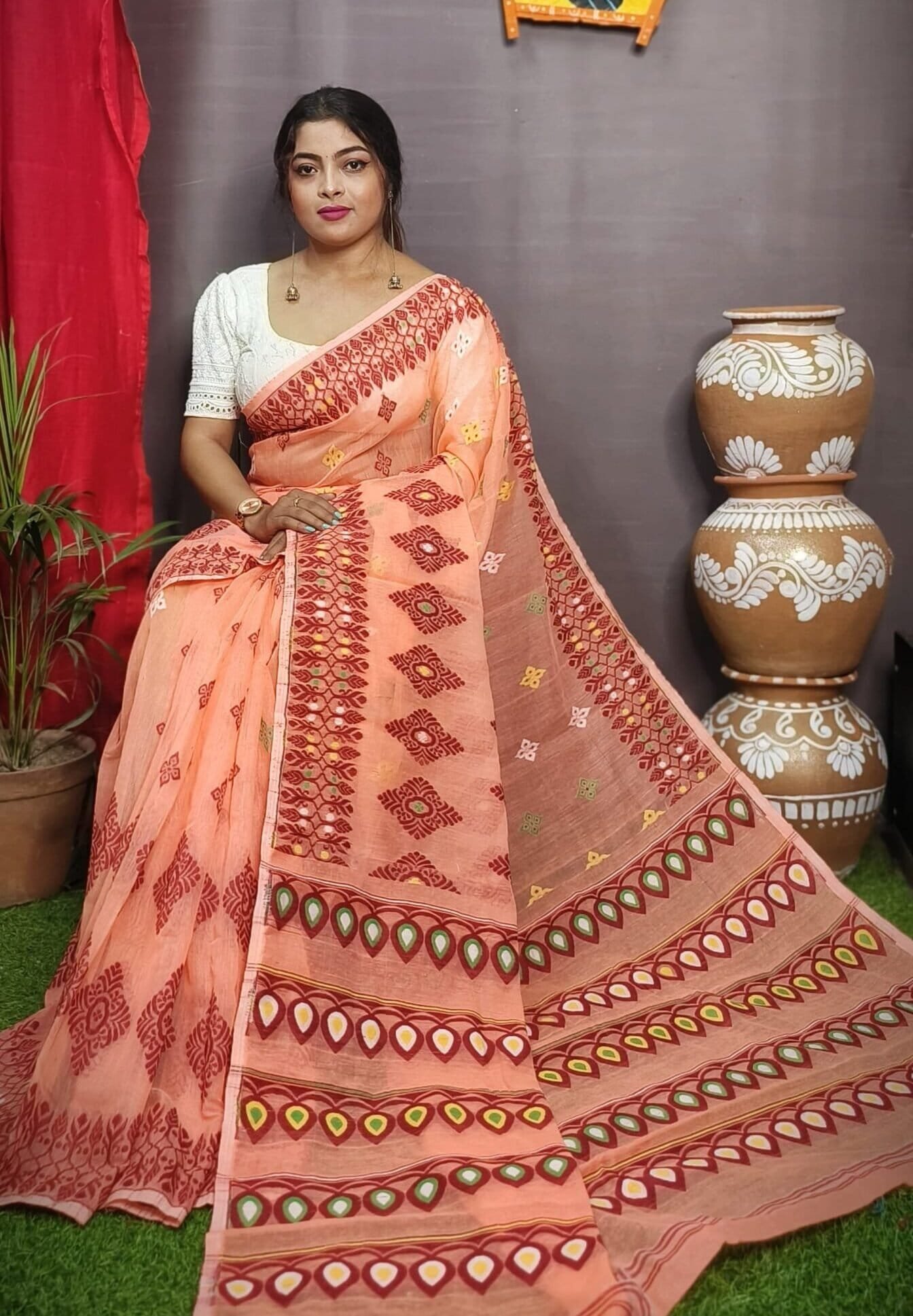 Exclusive Light Salmon Dhakai Jamdani Saree