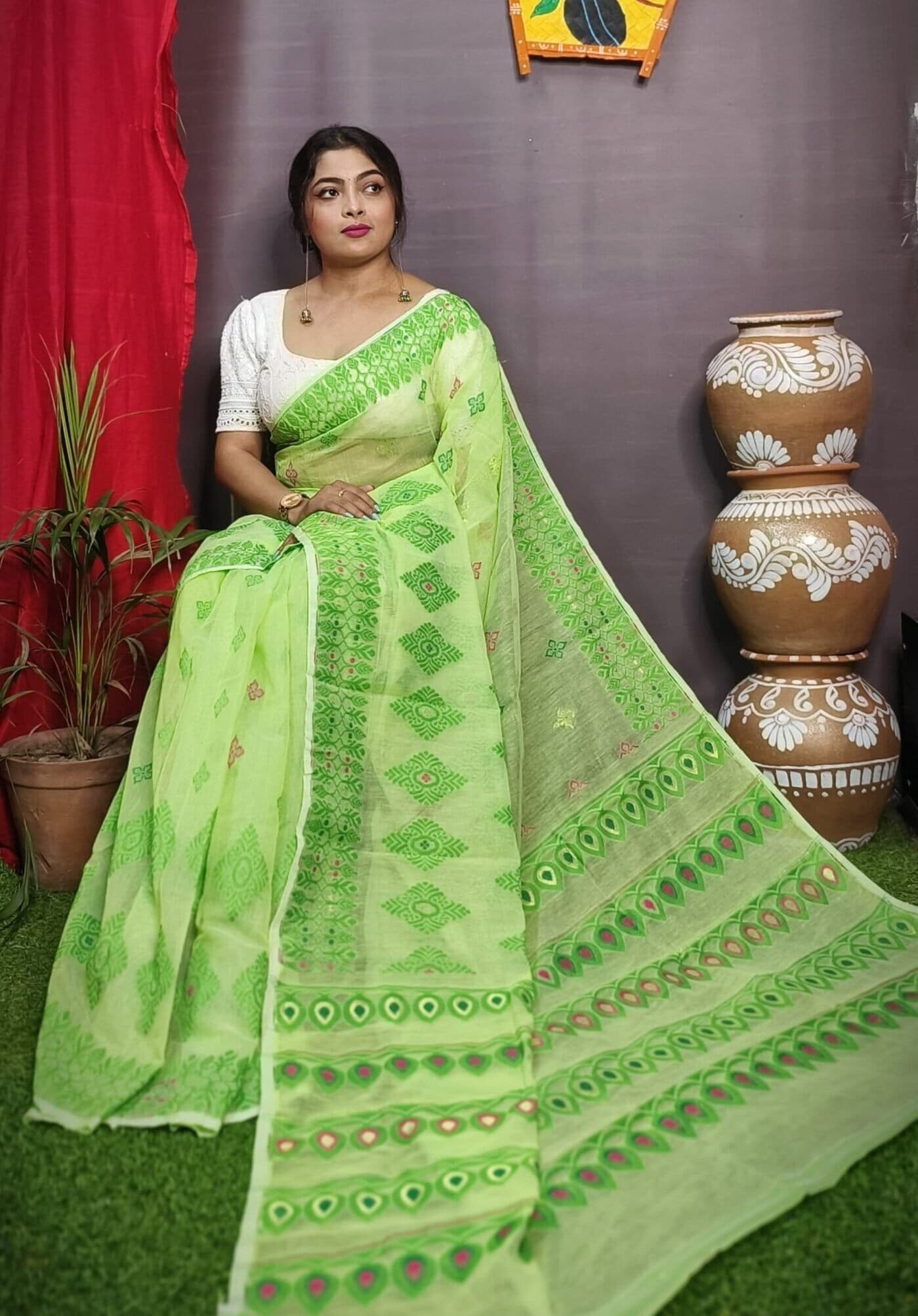 Exclusive Olivine Dhakai Jamdani Saree