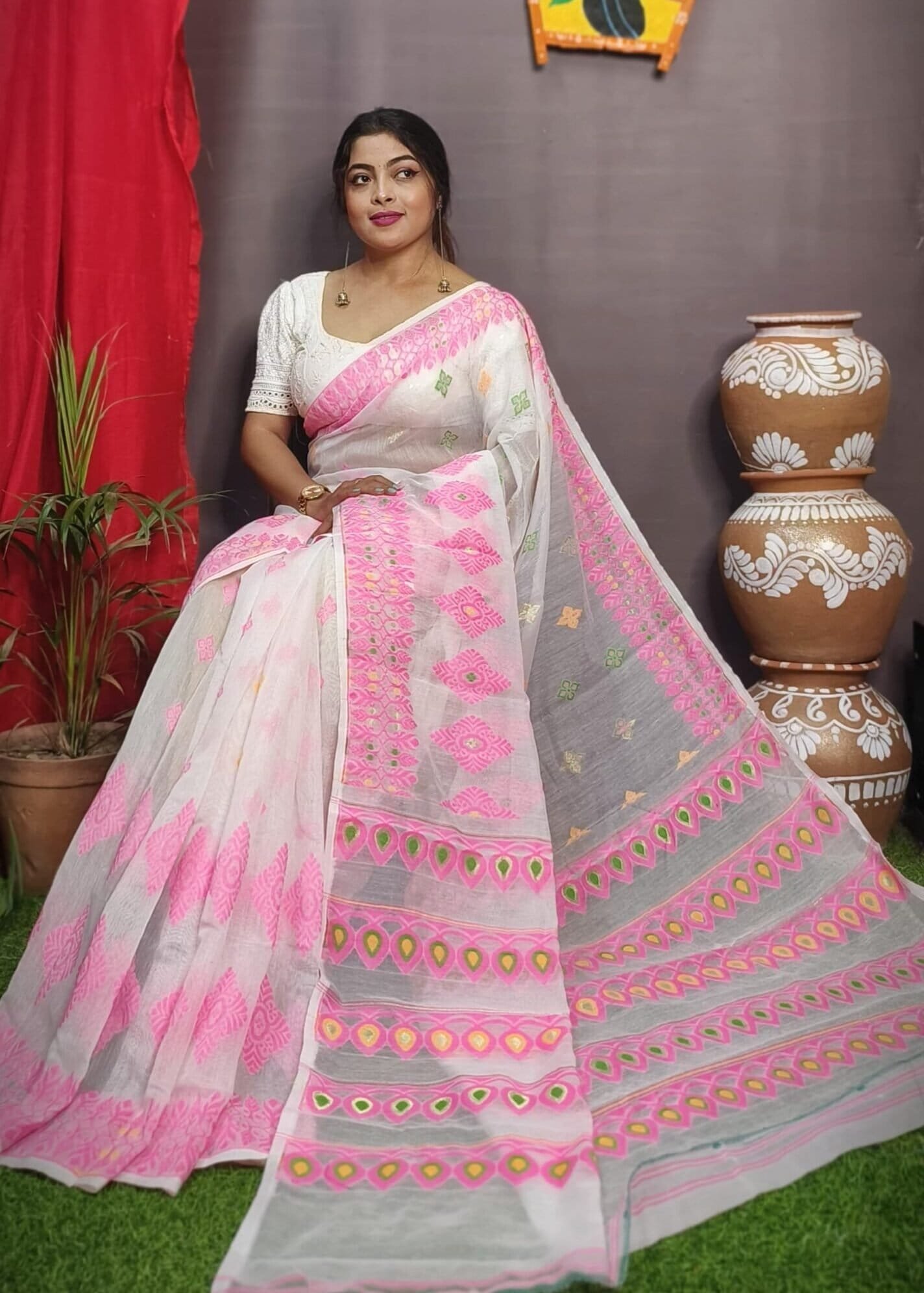 Exclusive Pink Swan Dhakai Jamdani Saree