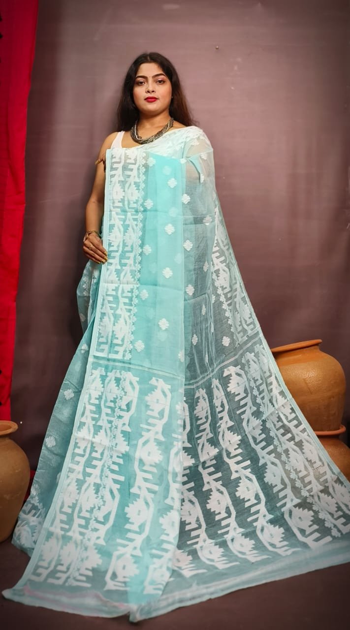 Exclusive Turquoise Body Borfi Jamdani