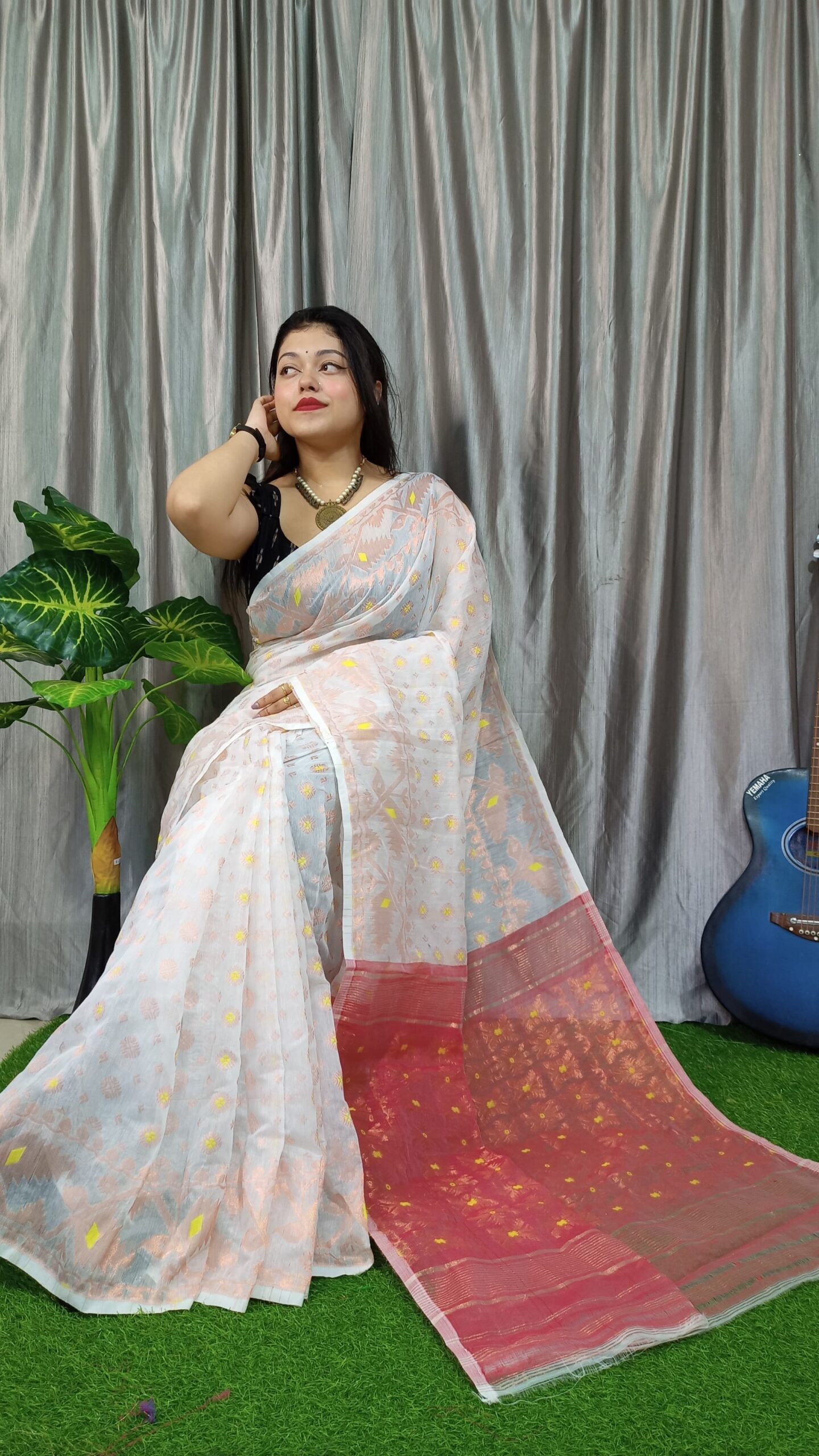 Exclusive Red & White Copper Jamdani Saree