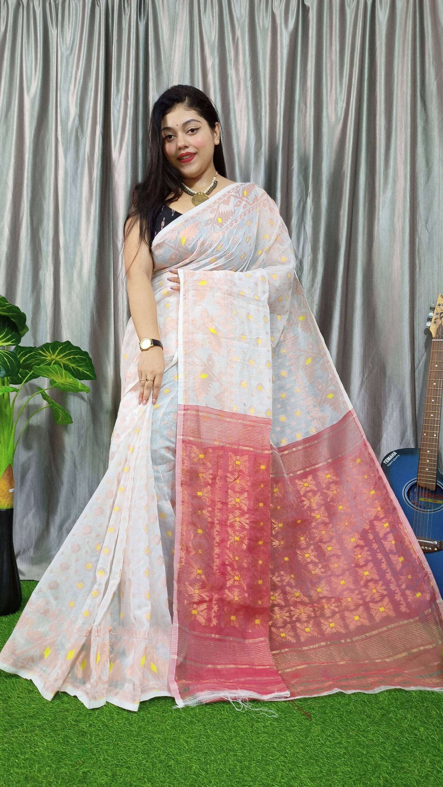 Exclusive Red & White Copper Jamdani Saree - Image 2