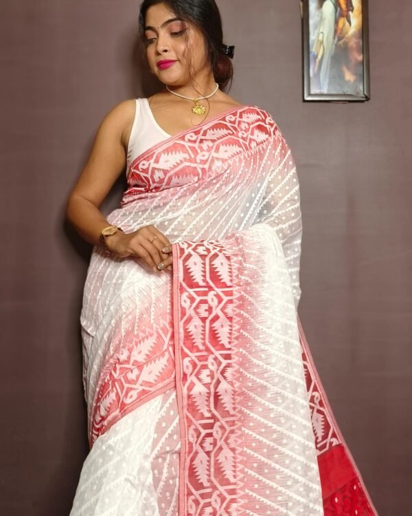 Exclusive Ikkort Red White Soft Jamdani Saree