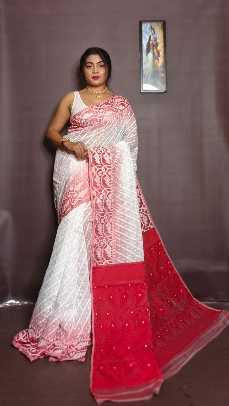 Exclusive Ikkort Red White Soft Jamdani Saree - Image 2
