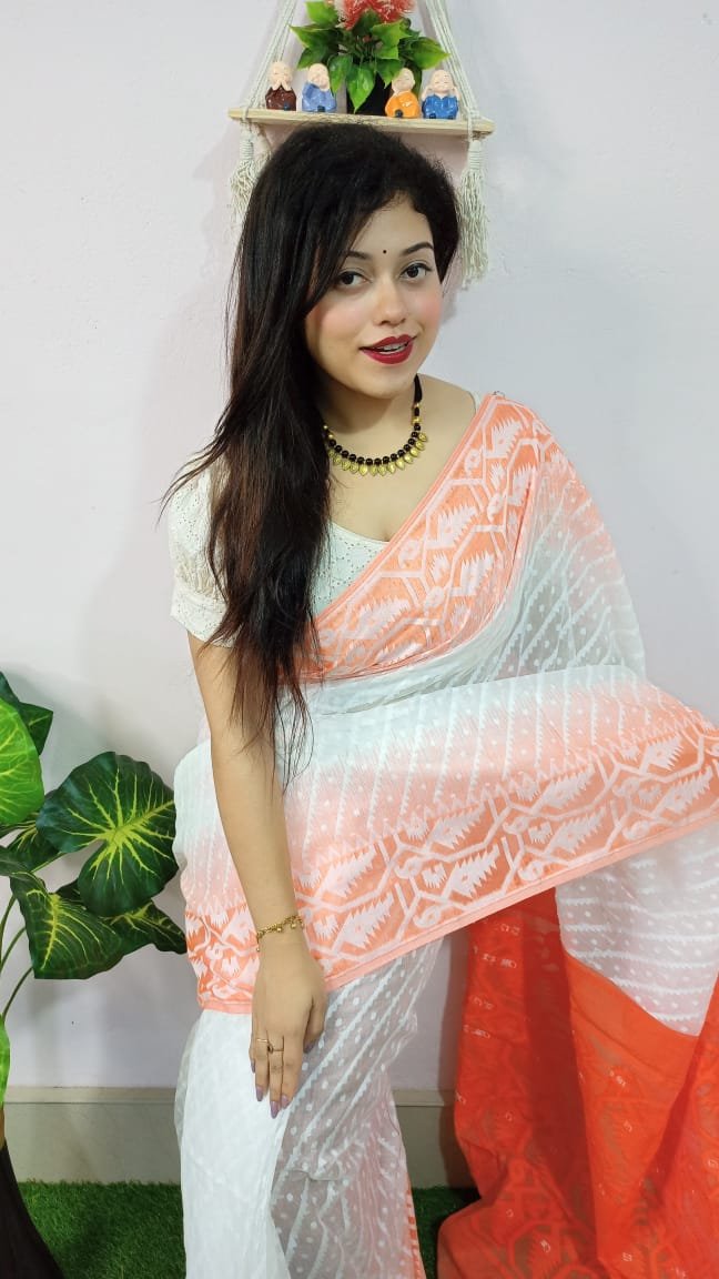 Exclusive Ikkat White Orange Jamdani Saree - Image 2