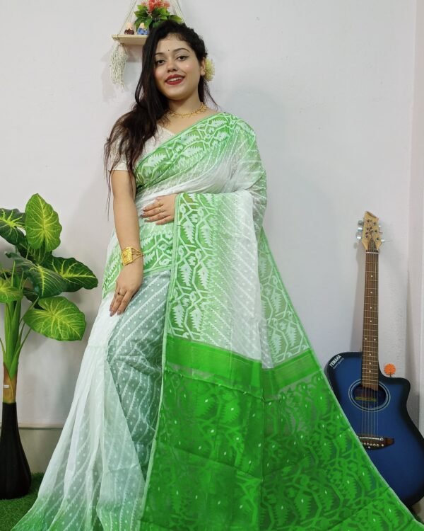 Exclusive Ikkat White Green Jamdani Saree
