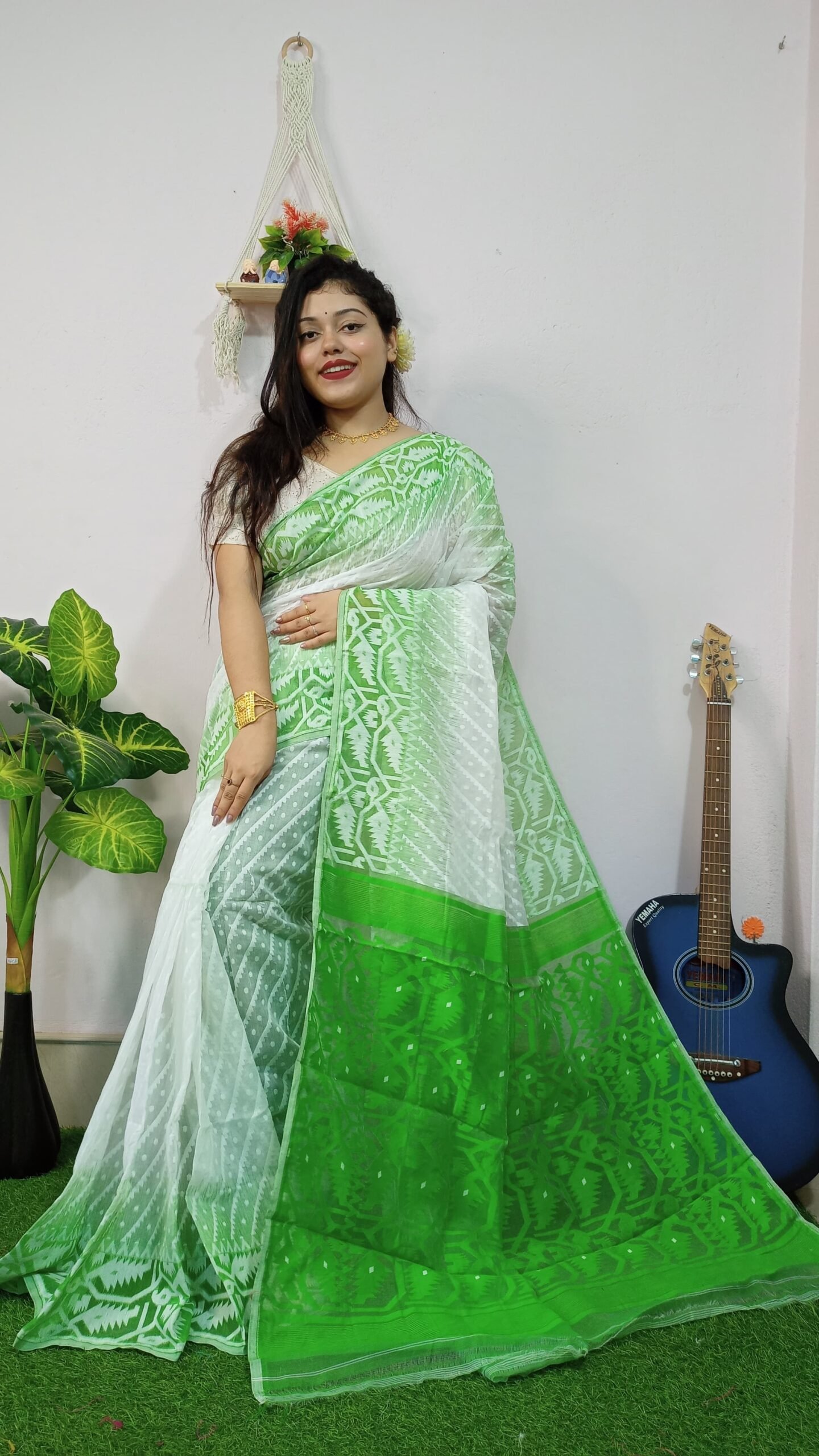 Exclusive Ikkat White Green Jamdani Saree