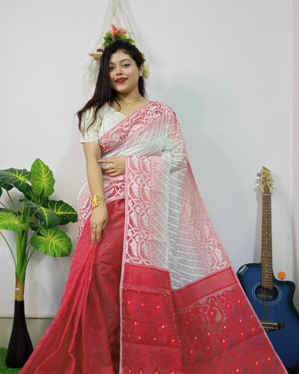 Exclusive Ikkat White Red Jamdani Saree
