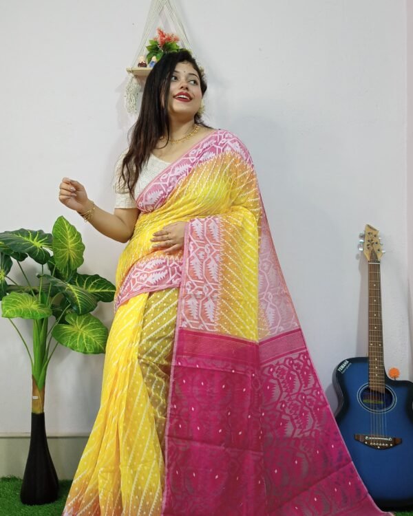 Exclusive Ikkat Yellow Pink Jamdani Saree