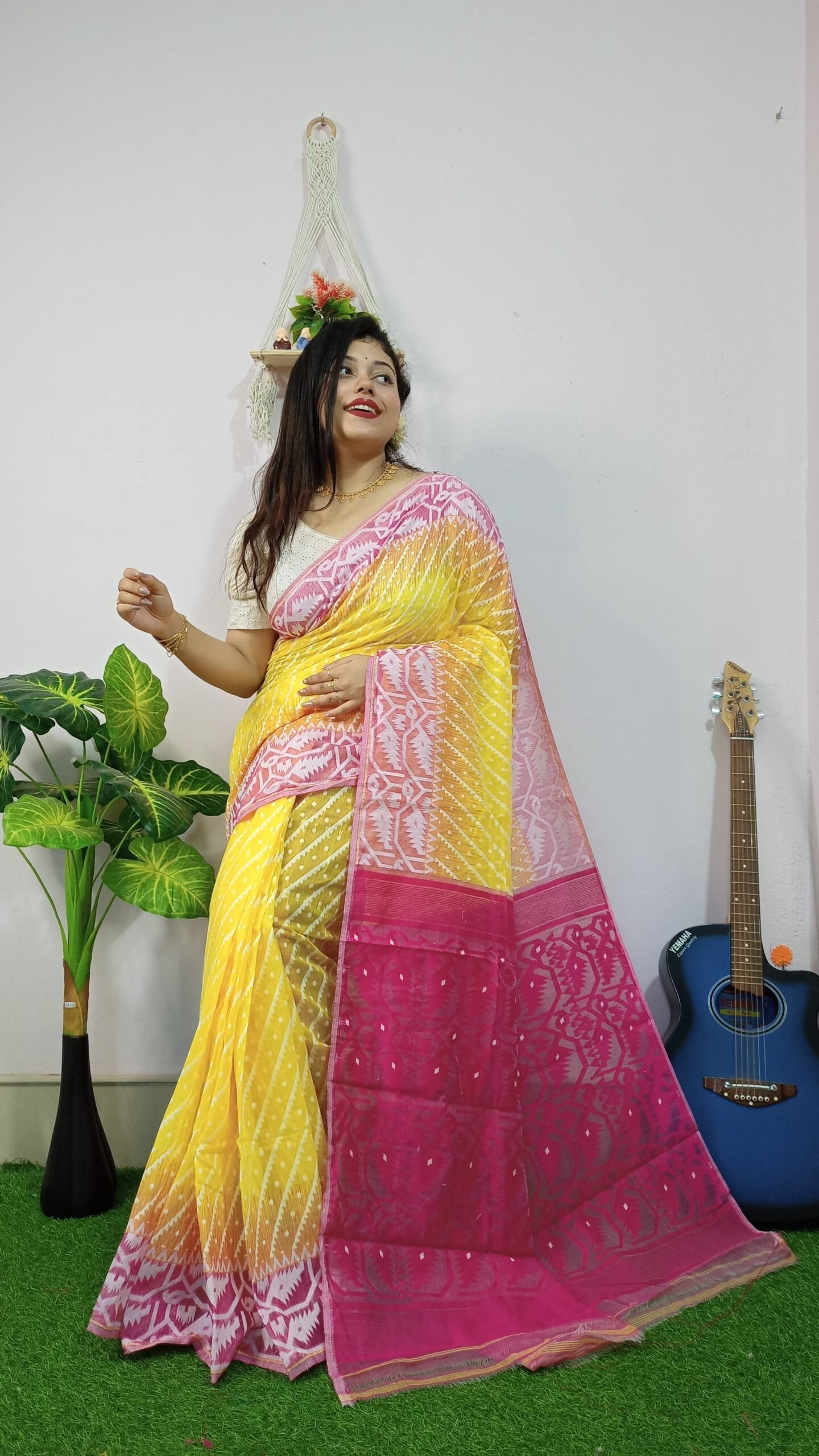 Exclusive Ikkat Yellow Pink Jamdani Saree