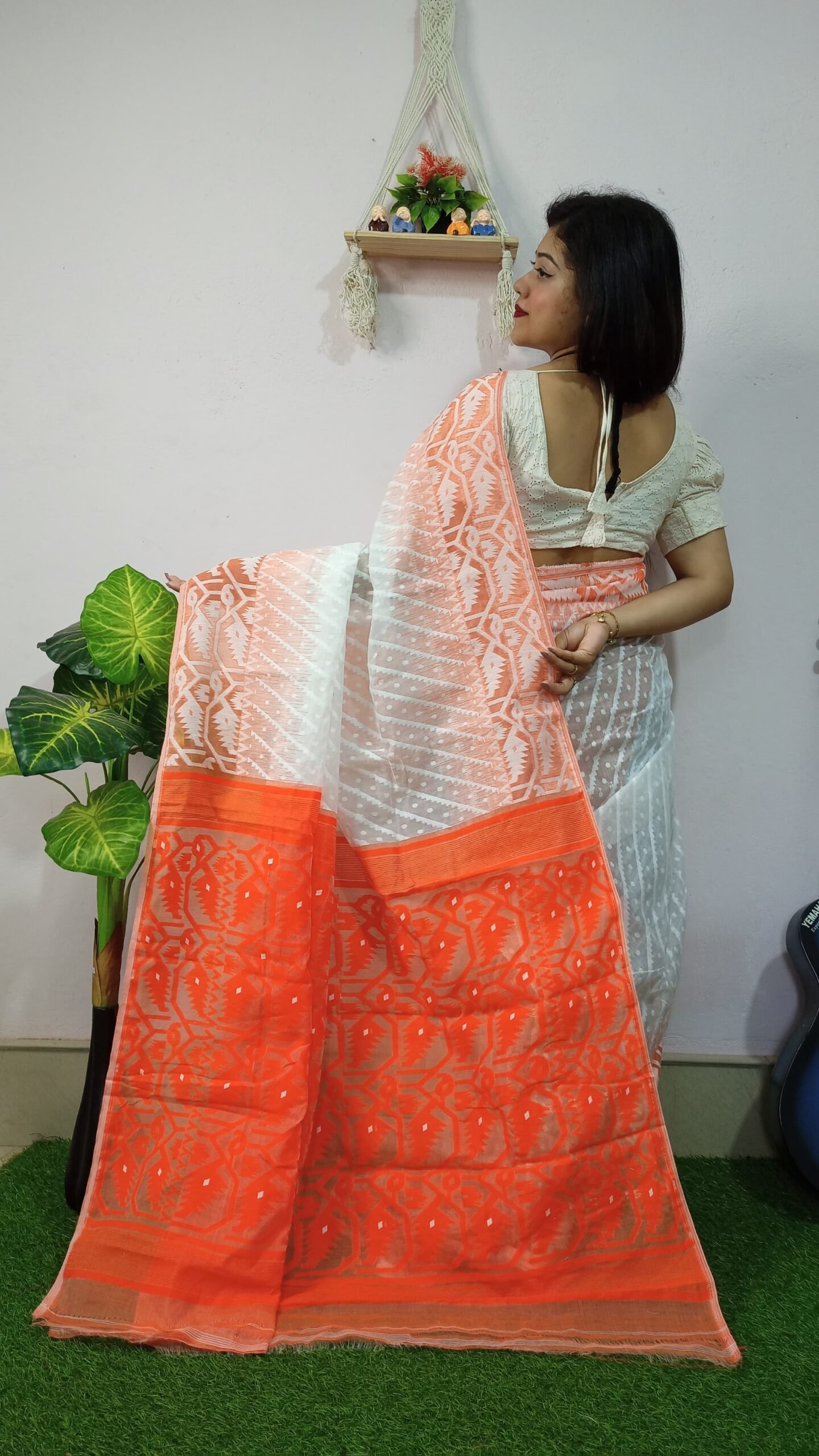 Exclusive Ikkat White Orange Jamdani Saree - Image 3