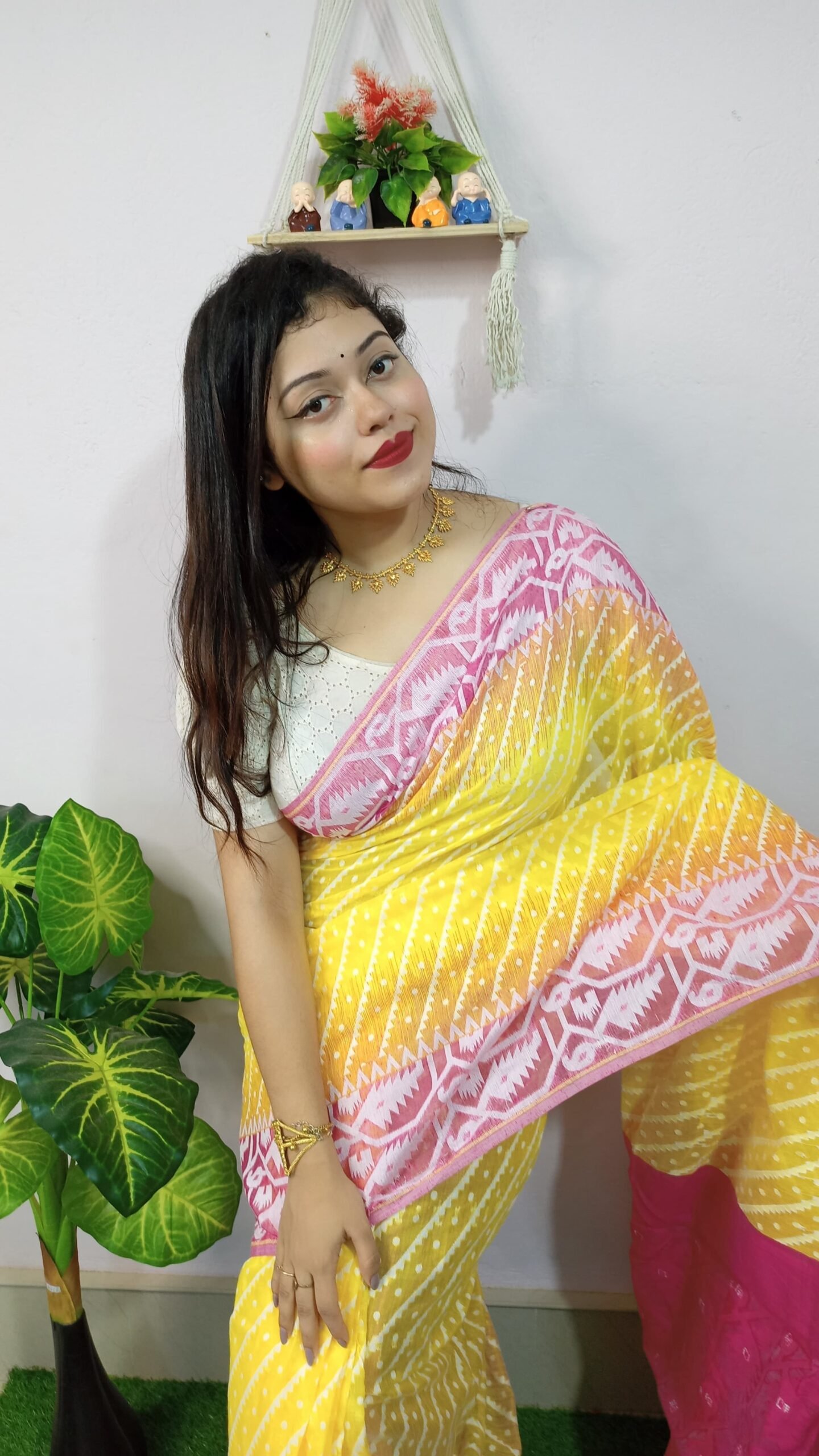Exclusive Ikkat Yellow Pink Jamdani Saree - Image 2