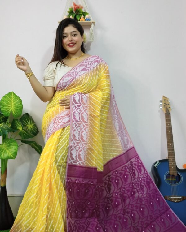Exclusive Ikkat Yellow Purple Jamdani Saree