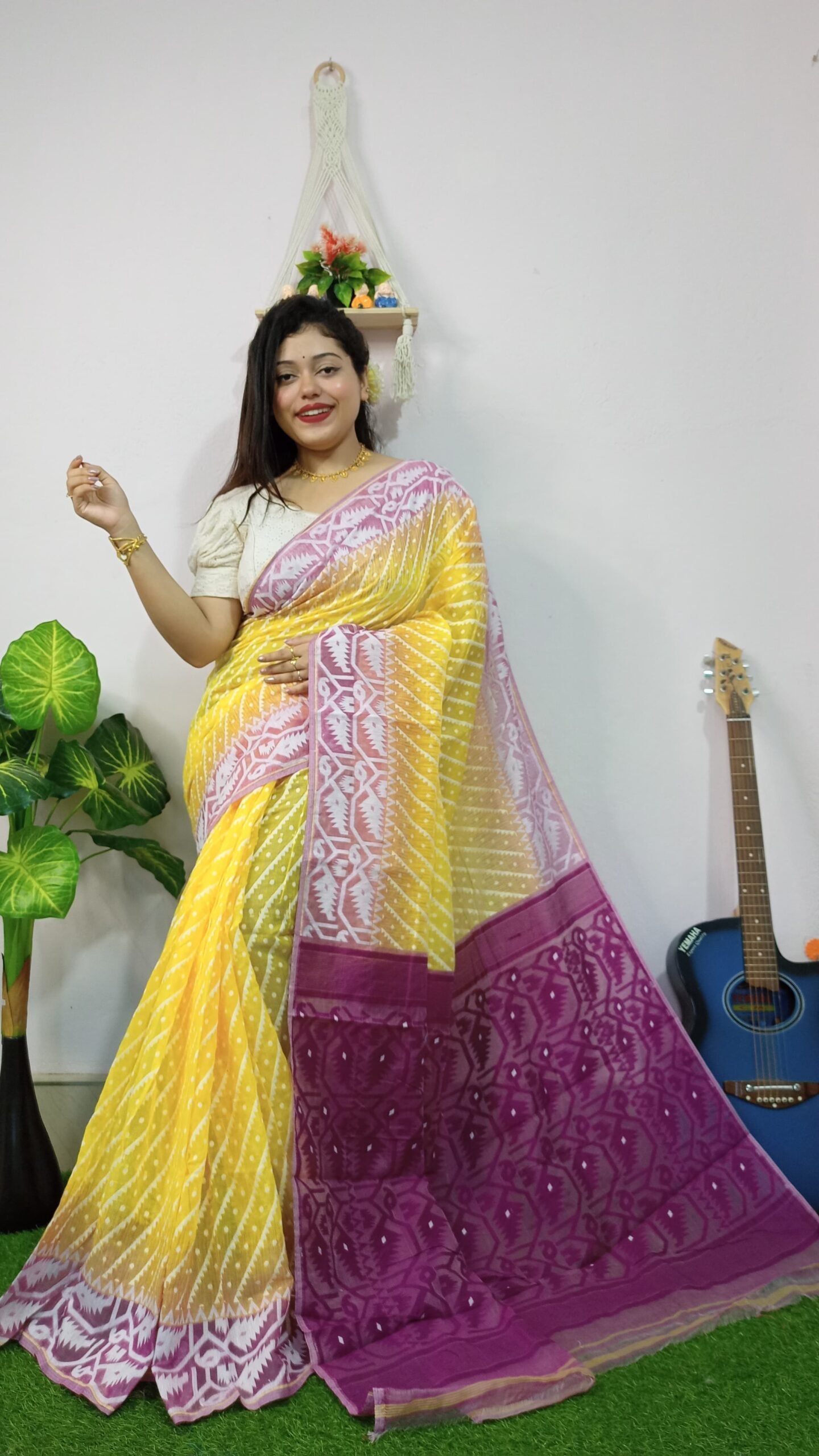 Exclusive Ikkat Yellow Purple Jamdani Saree
