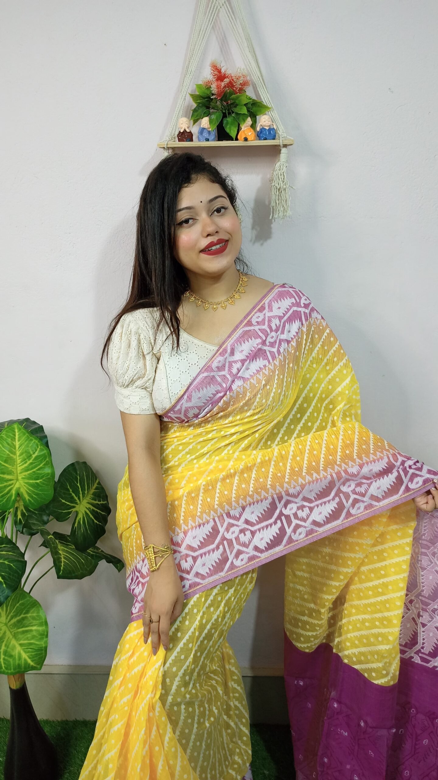 Exclusive Ikkat Yellow Purple Jamdani Saree - Image 2