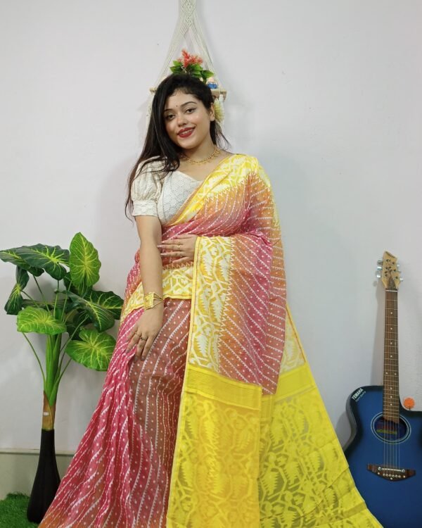 Exclusive Ikkat Pink Yellow Jamdani Saree