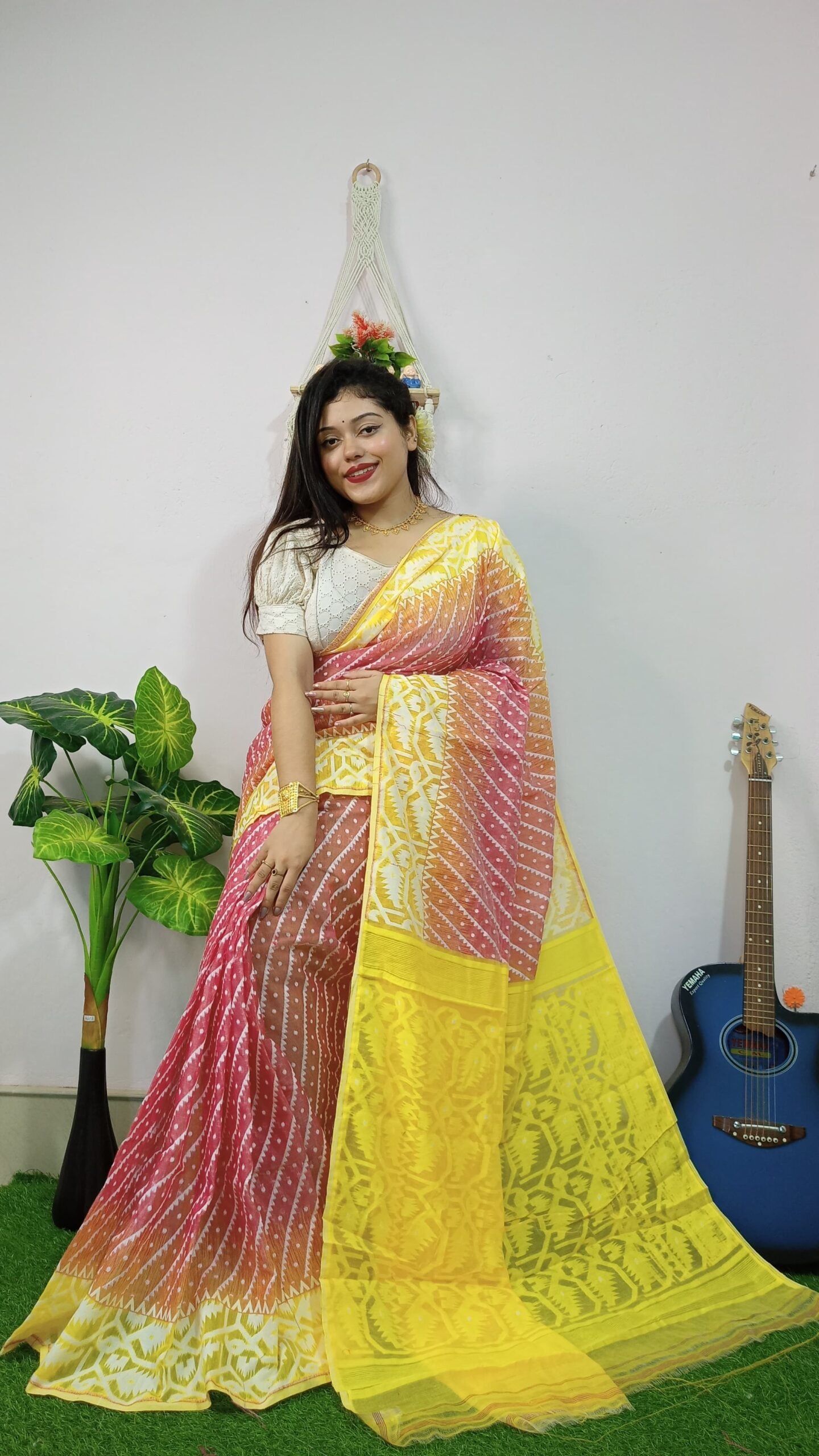 Exclusive Ikkat Pink Yellow Jamdani Saree