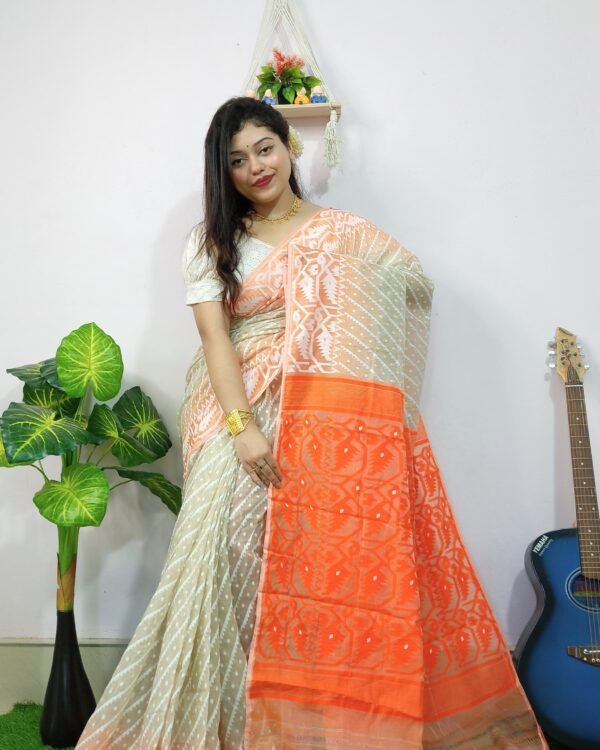 Exclusive Ikkat Cream Orange Jamdani Saree