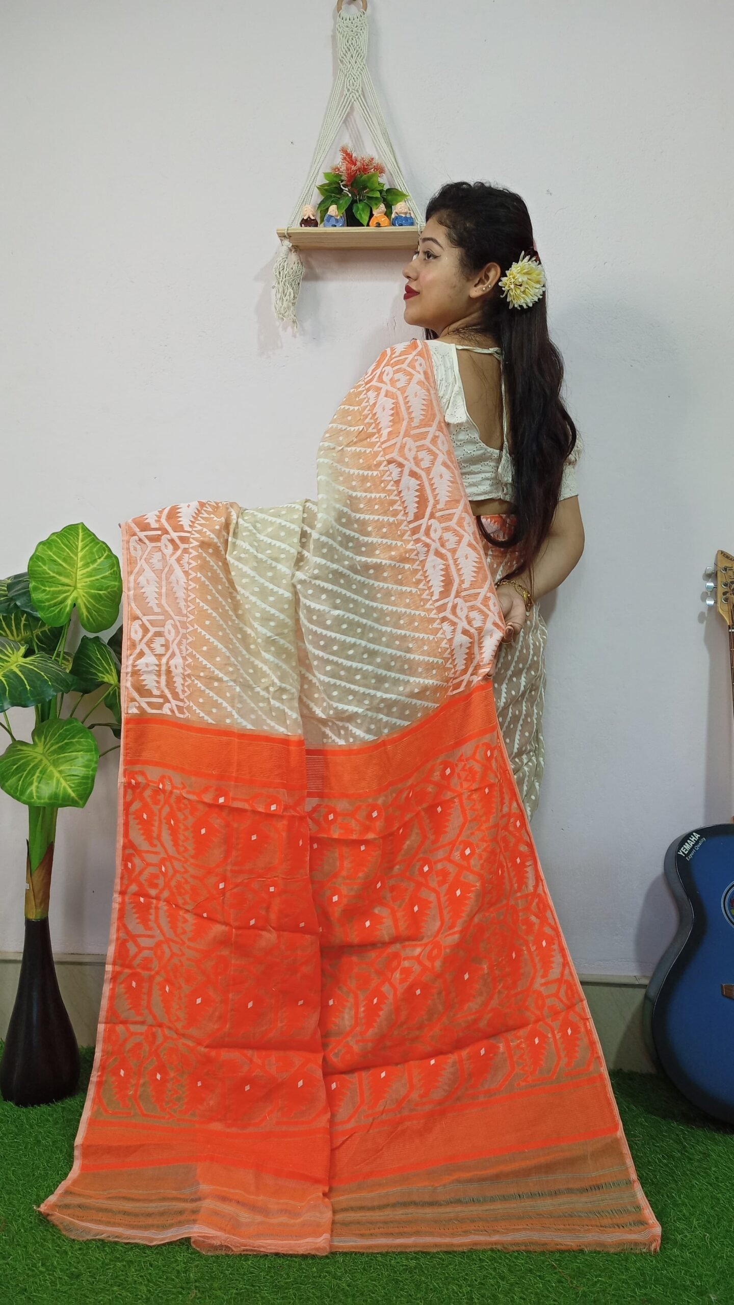 Exclusive Ikkat Cream Orange Jamdani Saree - Image 2