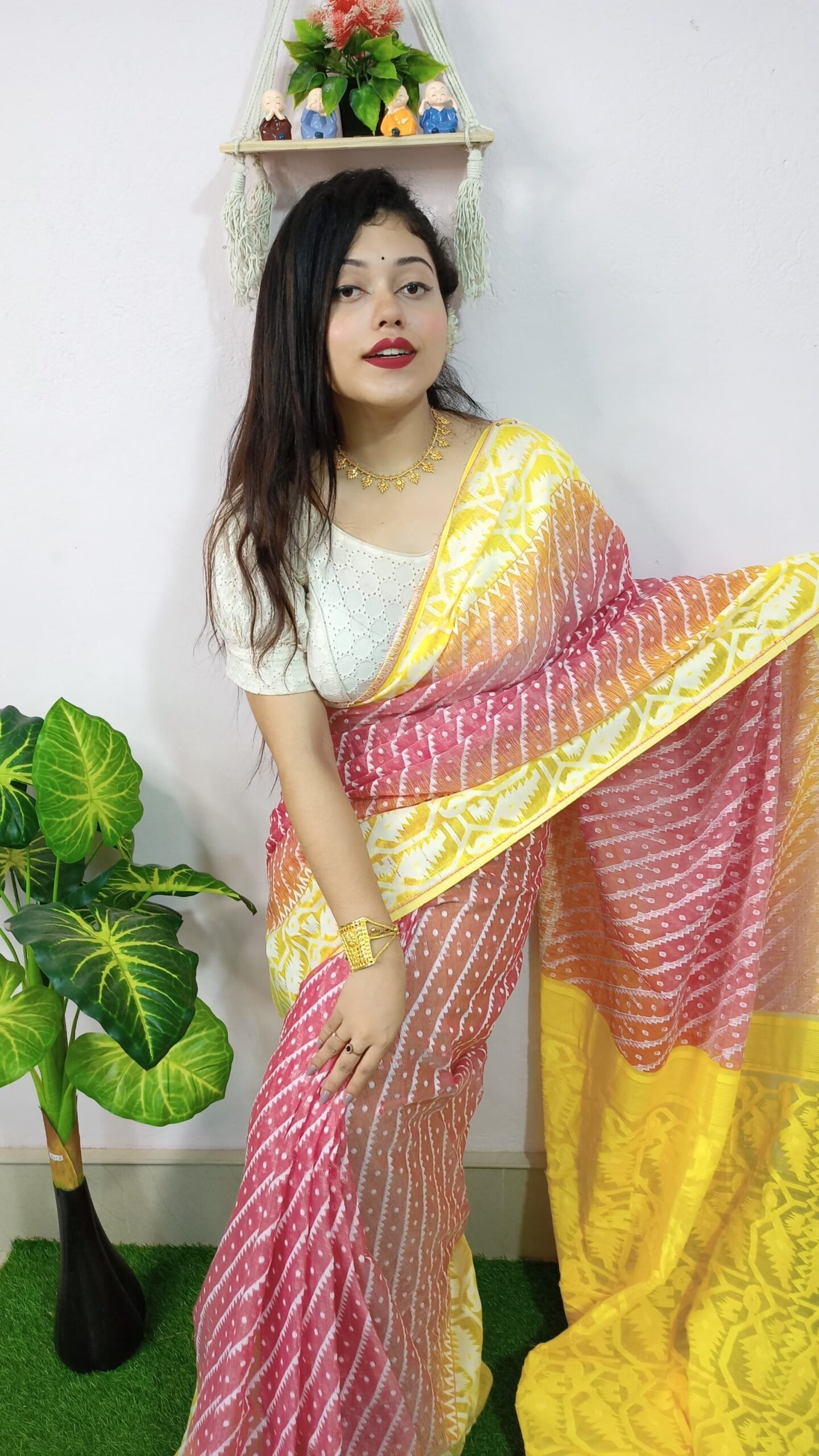 Exclusive Ikkat Pink Yellow Jamdani Saree - Image 2