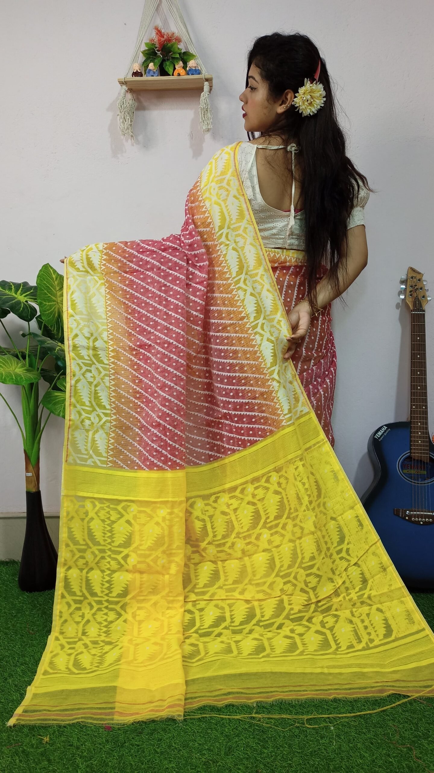 Exclusive Ikkat Pink Yellow Jamdani Saree - Image 3