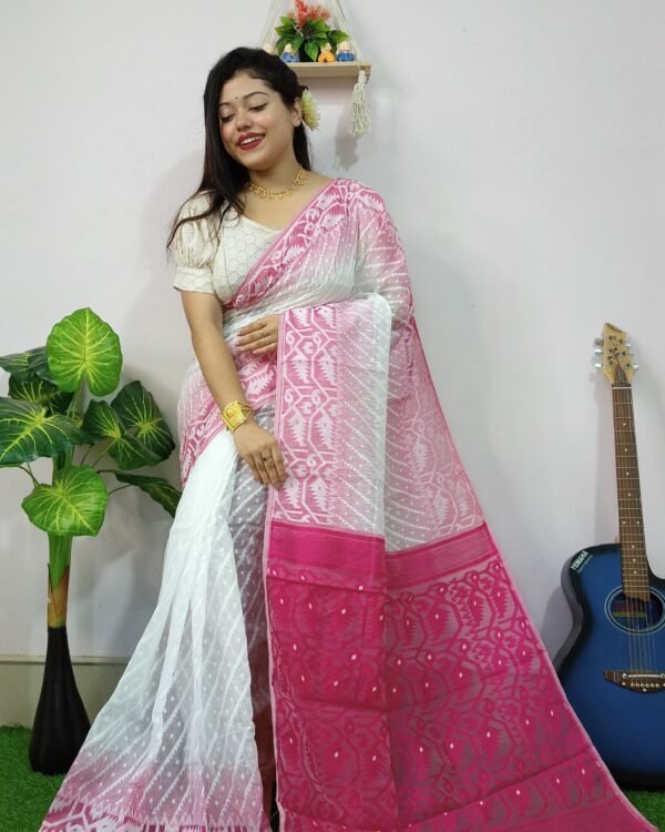 Exclusive Ikkat White Pink Jamdani Saree