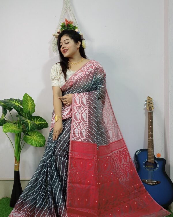 Exclusive Ikkat Black Red Jamdani Saree