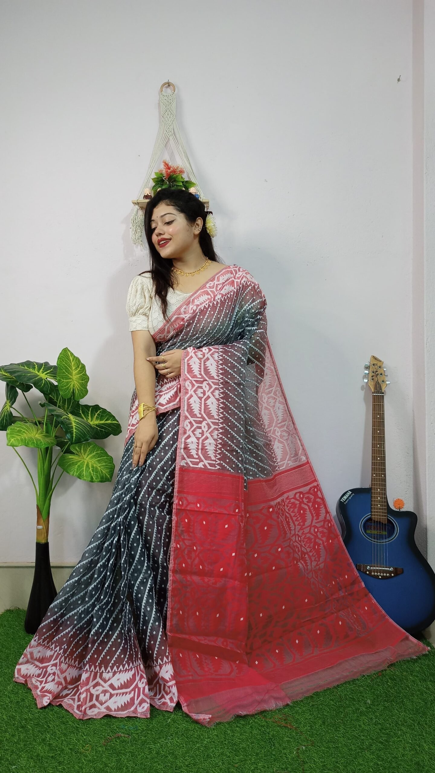 Exclusive Ikkat Black Red Jamdani Saree