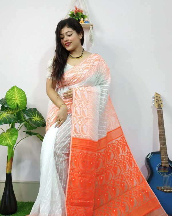 Exclusive Ikkat White Orange Jamdani Saree