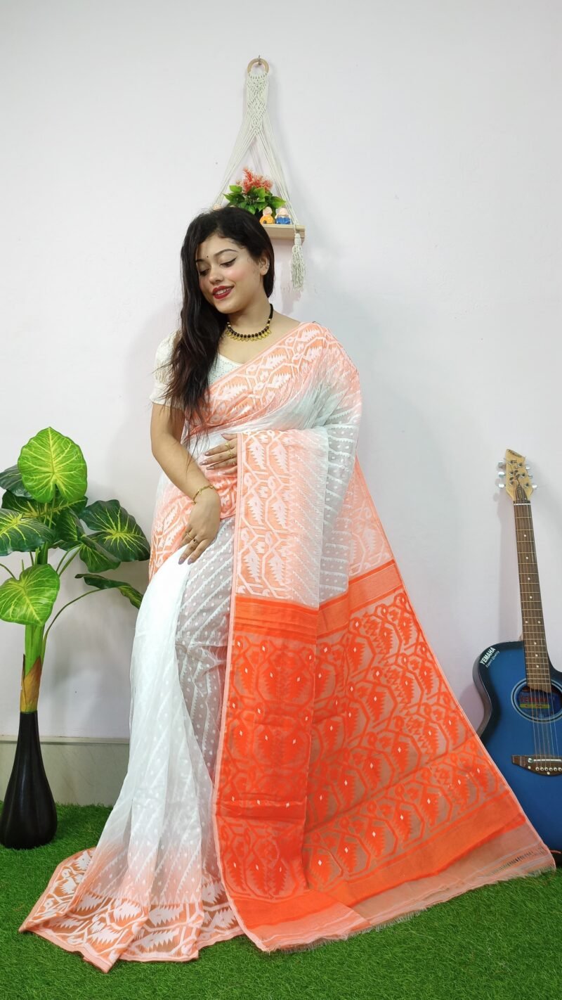 Exclusive Ikkat White Orange Jamdani Saree