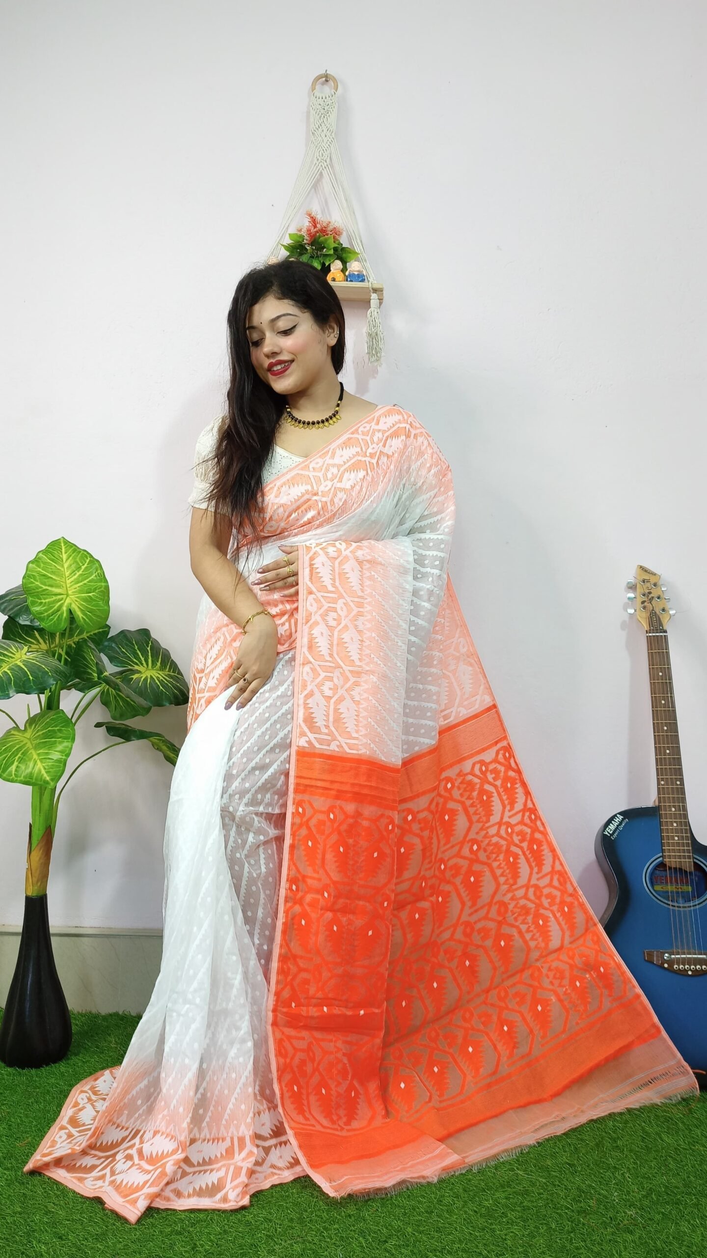 Exclusive Ikkat White Orange Jamdani Saree