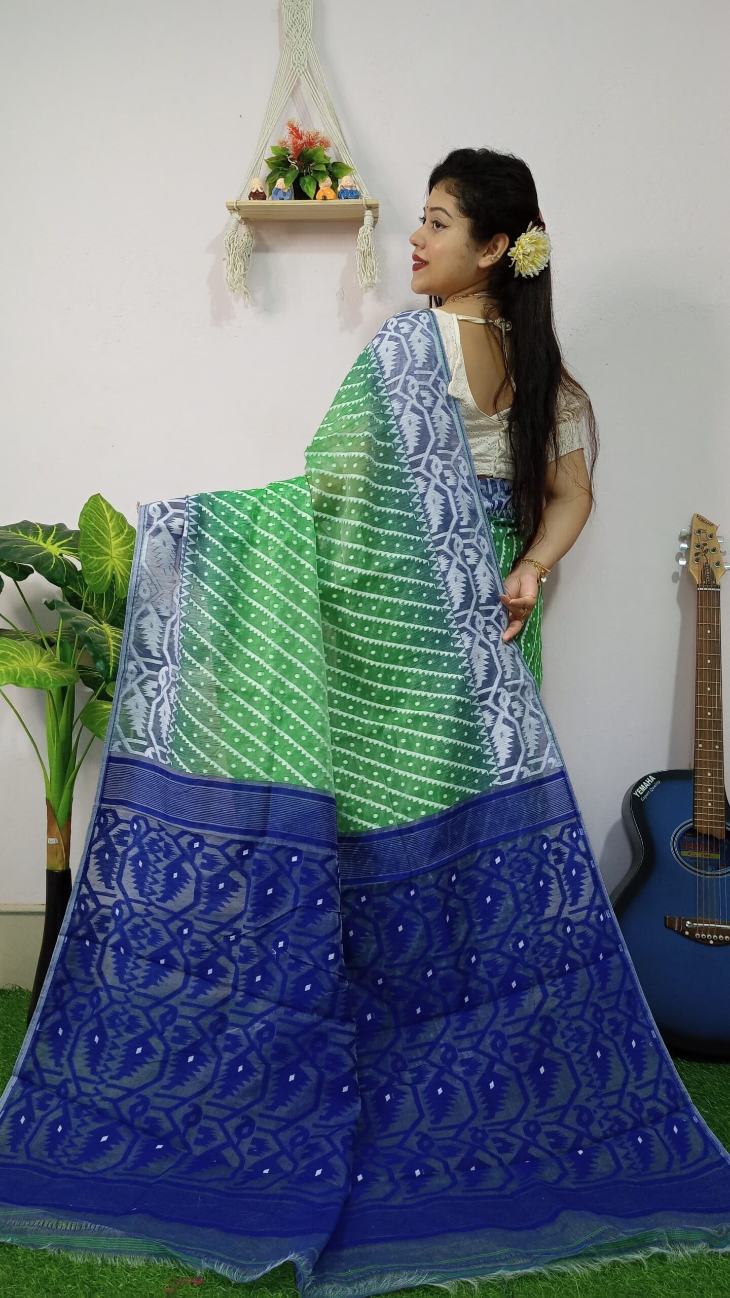 Exclusive Ikkat Green Blue Jamdani Saree - Image 2