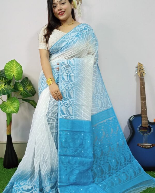 Exclusive Ikkat White Blue Jamdani Saree