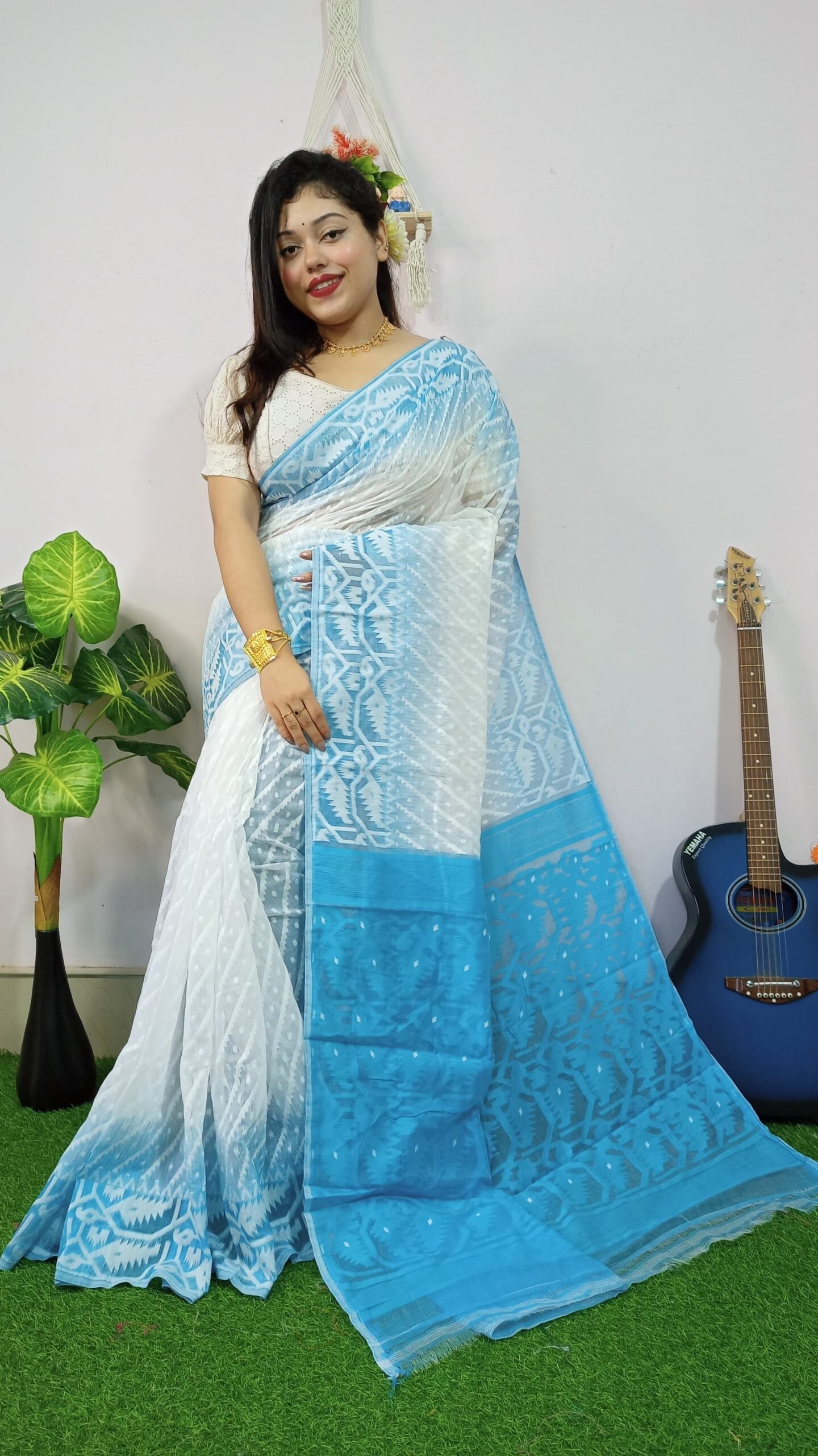 Exclusive Ikkat White Blue Jamdani Saree