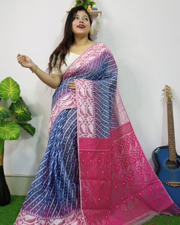 Exclusive Ikkat Blue Pink Jamdani Saree