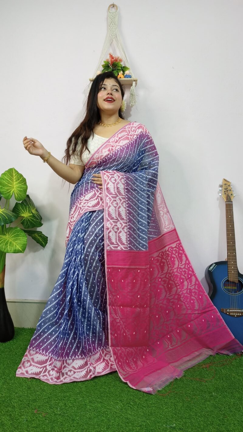 Exclusive Ikkat Blue Pink Jamdani Saree
