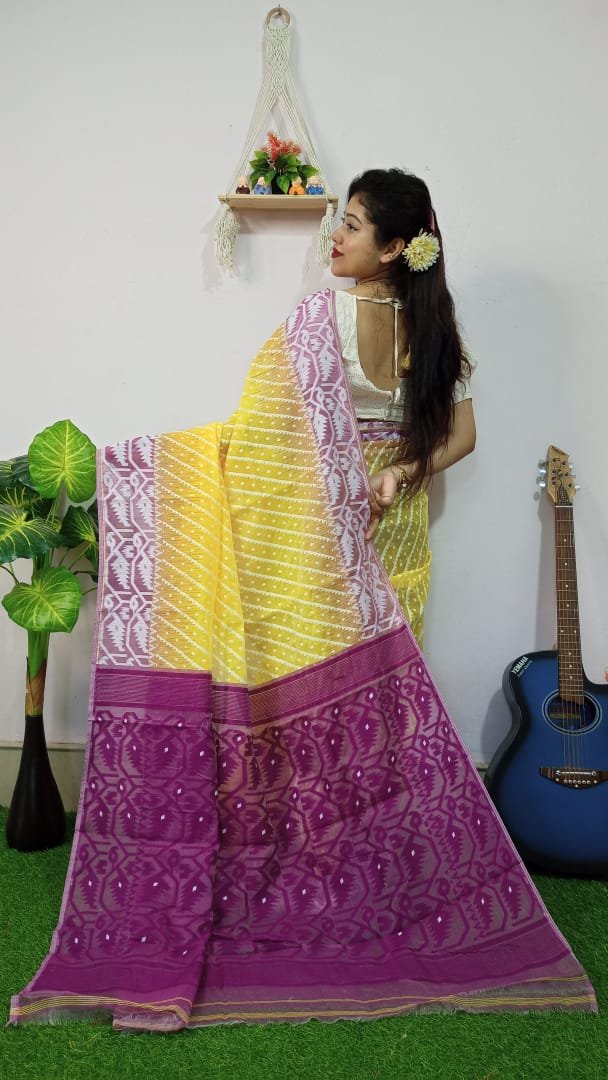 Exclusive Ikkat Yellow Purple Jamdani Saree - Image 3