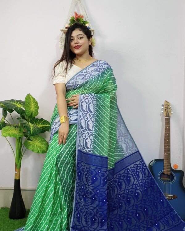 Exclusive Ikkat Green Blue Jamdani Saree