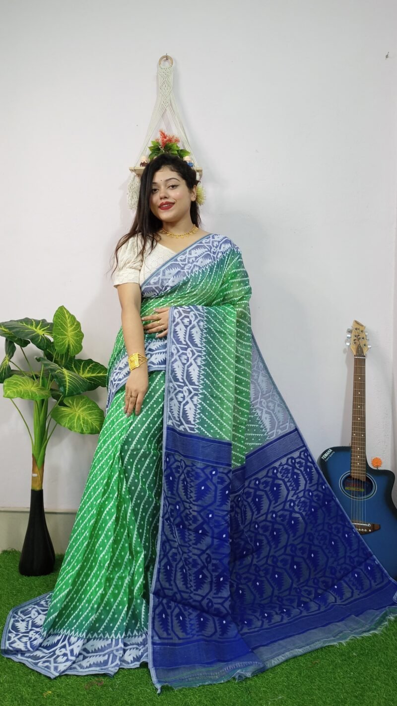Exclusive Ikkat Green Blue Jamdani Saree