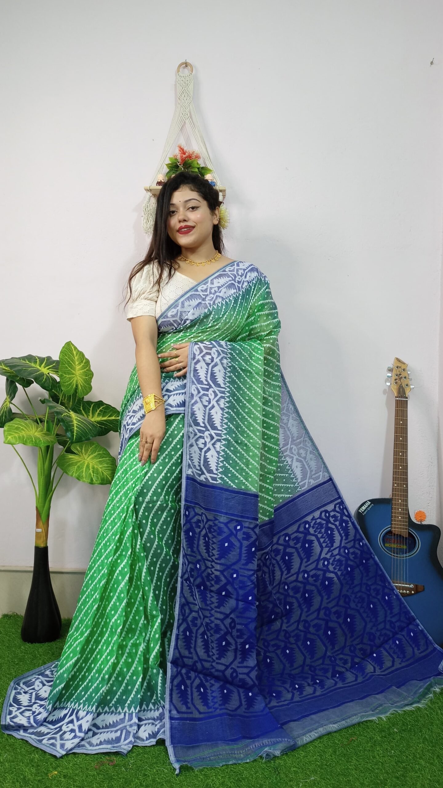 Exclusive Ikkat Green Blue Jamdani Saree