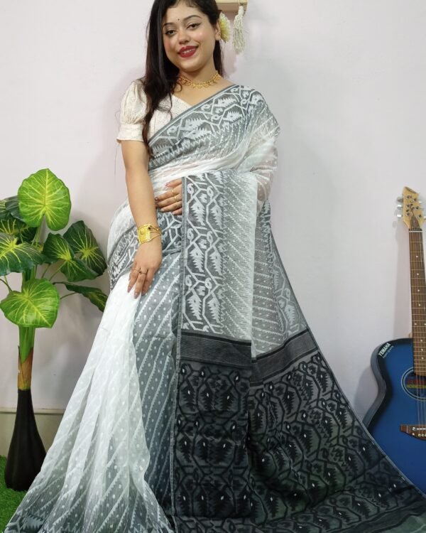 Exclusive Ikkat White Black Jamdani Saree