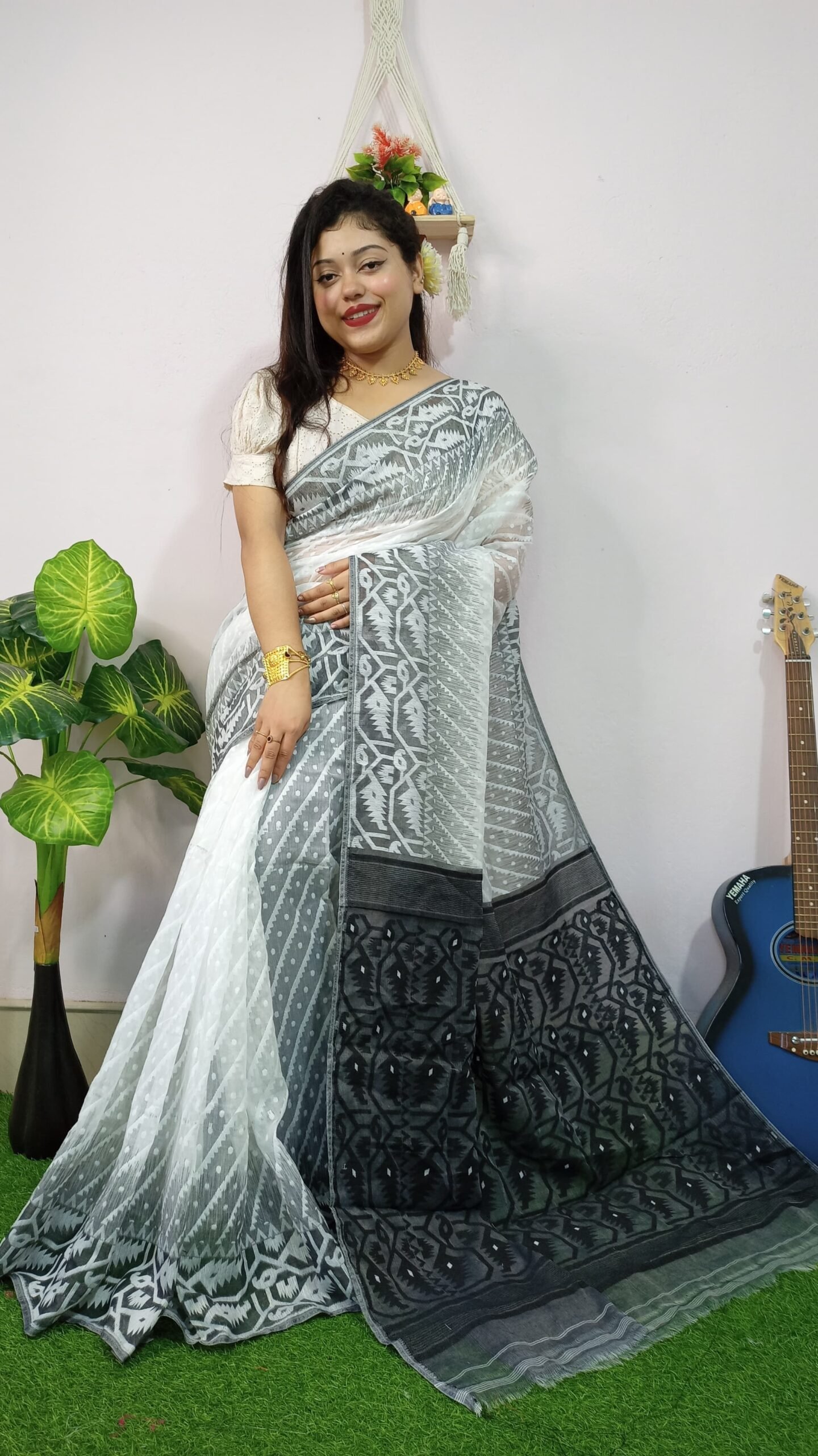 Exclusive Ikkat White Black Jamdani Saree