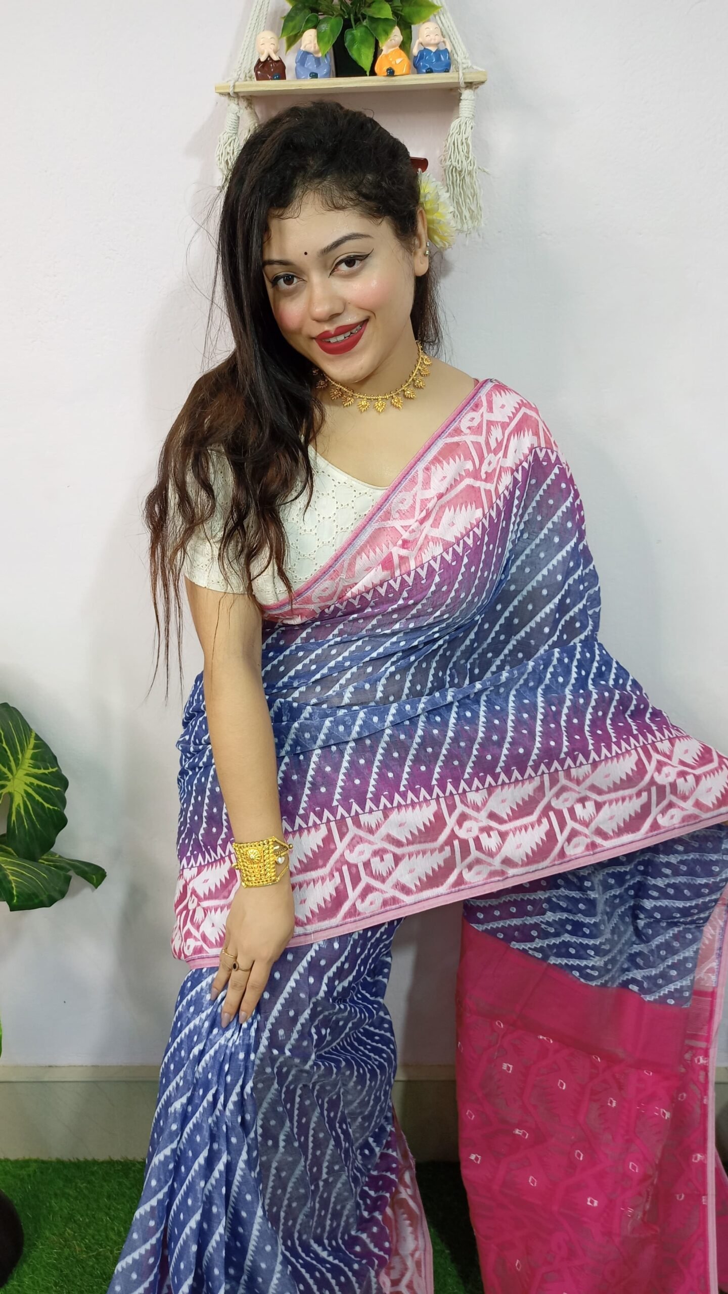 Exclusive Ikkat Blue Pink Jamdani Saree - Image 2