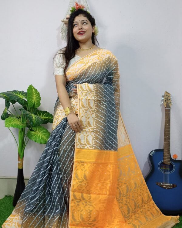 Exclusive Ikkat Black Yellow Jamdani Saree
