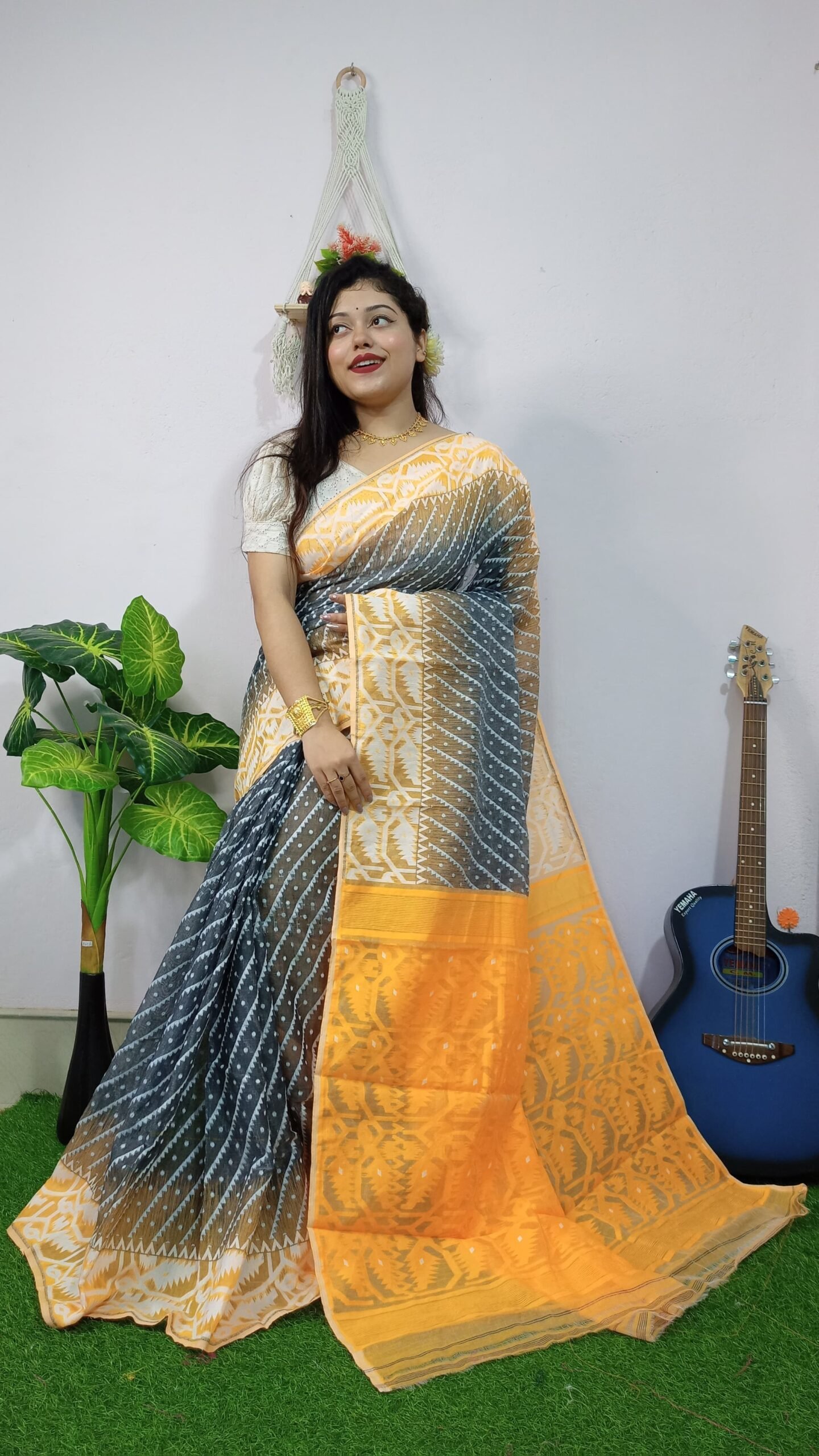 Exclusive Ikkat Black Yellow Jamdani Saree