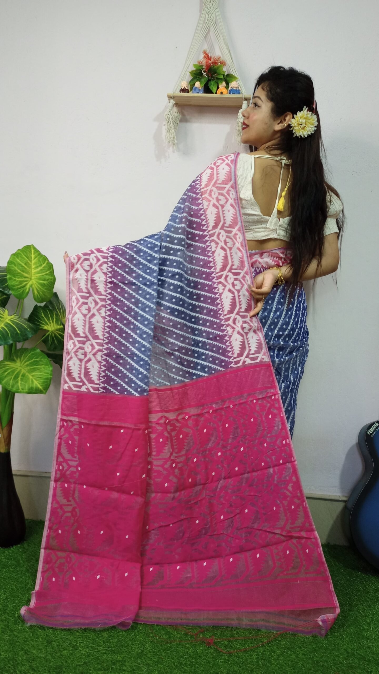 Exclusive Ikkat Blue Pink Jamdani Saree - Image 3
