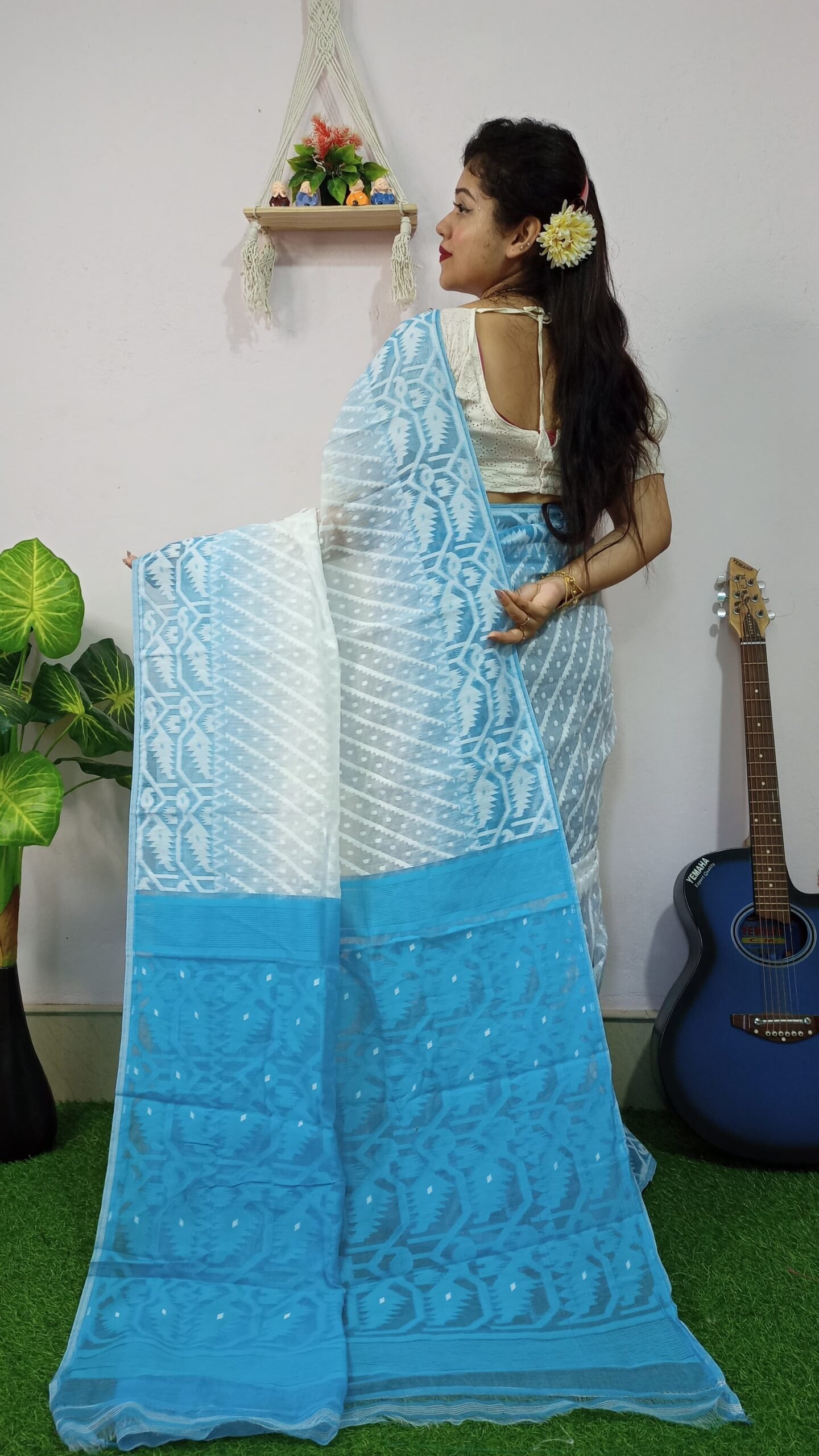 Exclusive Ikkat White Blue Jamdani Saree - Image 3