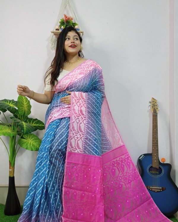 Exclusive Ikkat Blue Pink Jamdani Saree